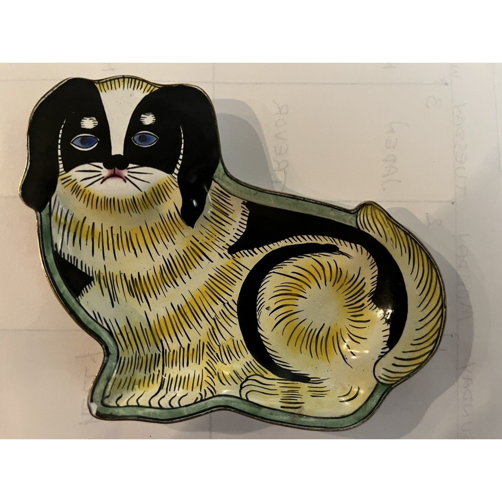 Pekingese Dog Trinket Dish Mille Fleur Hand painted Enamelware For Seymour Mann